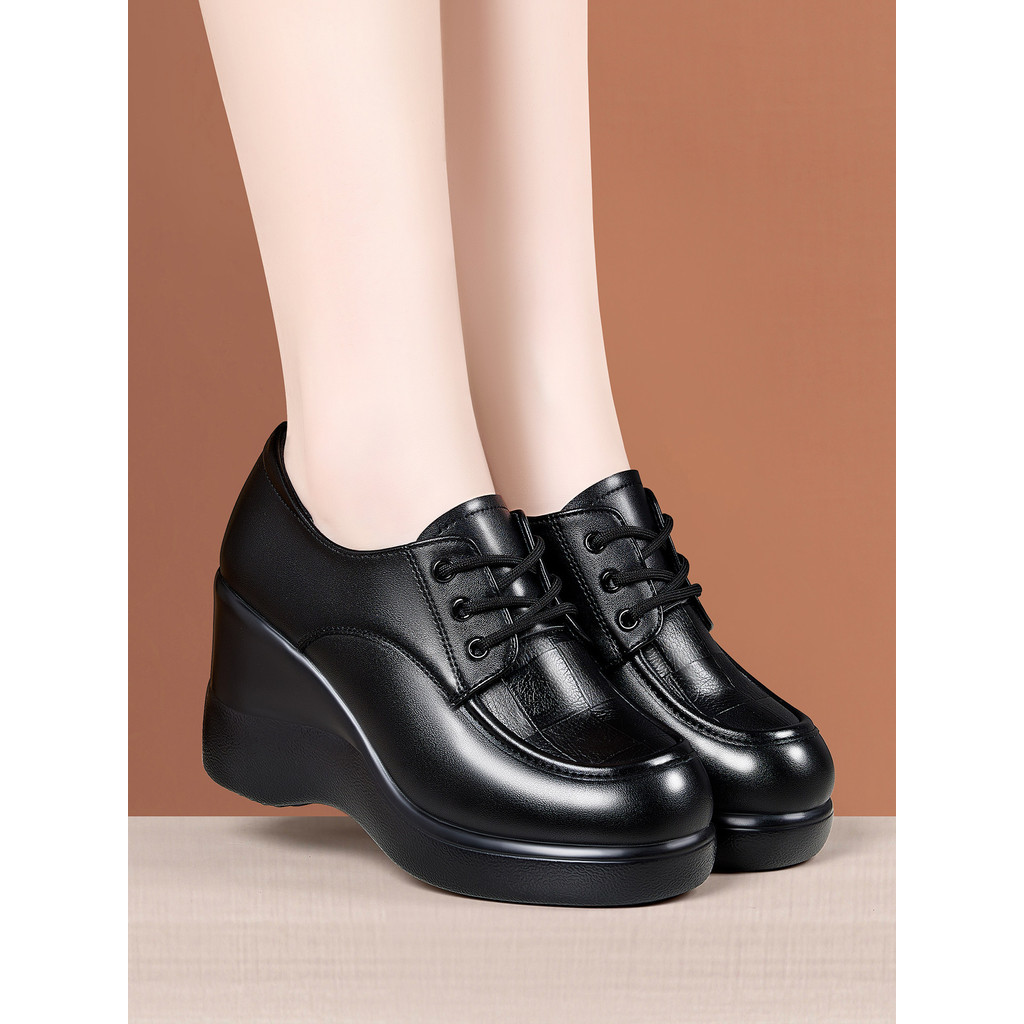 Moda cunha sapatos de salto feminino 2026 novo estilo plataforma de sola grossa dedo do pé redondo rendas mãe sapatos de
