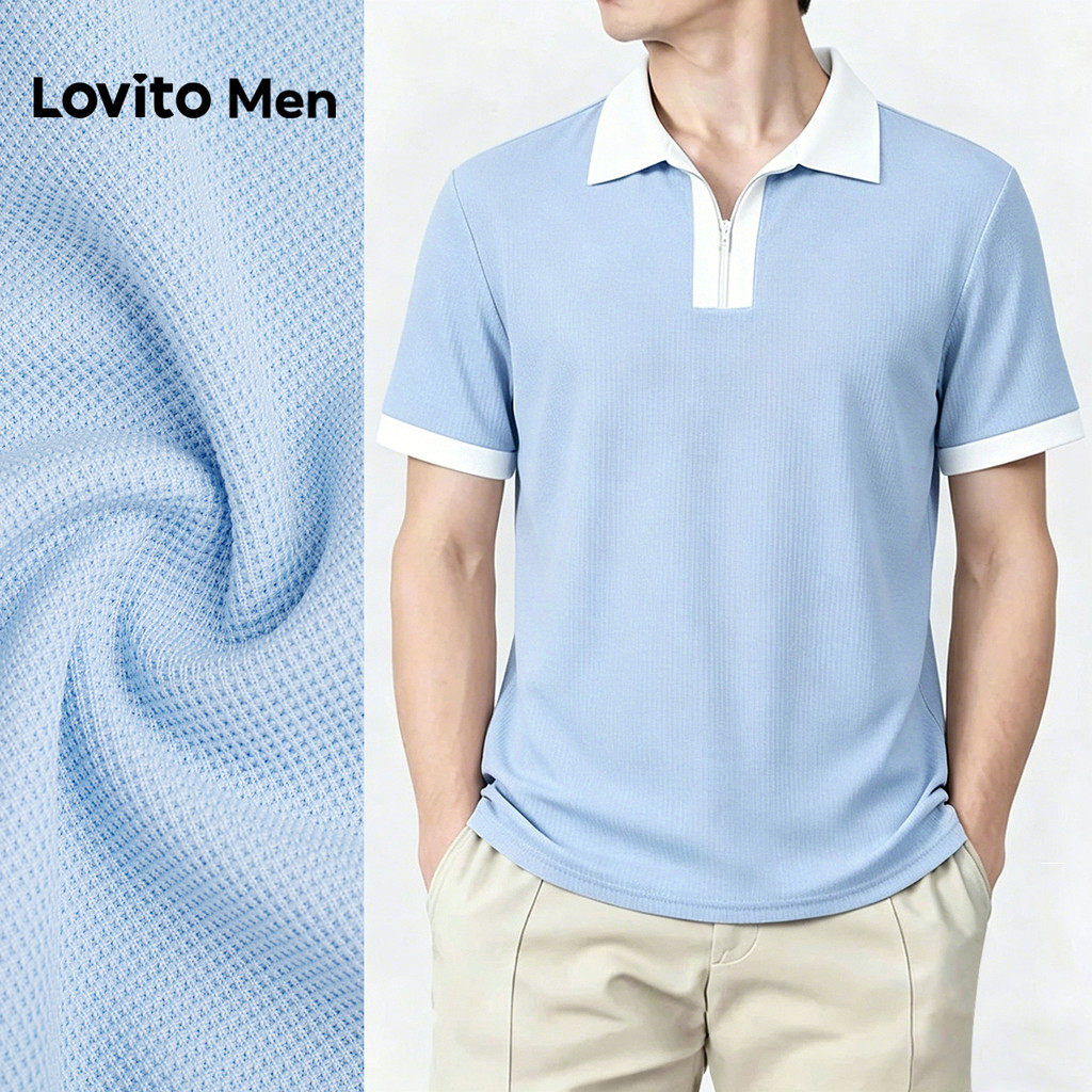 Lovito Men Camisa Polo Casual Azul com Efeito Plissado Colorido para Primavera/V