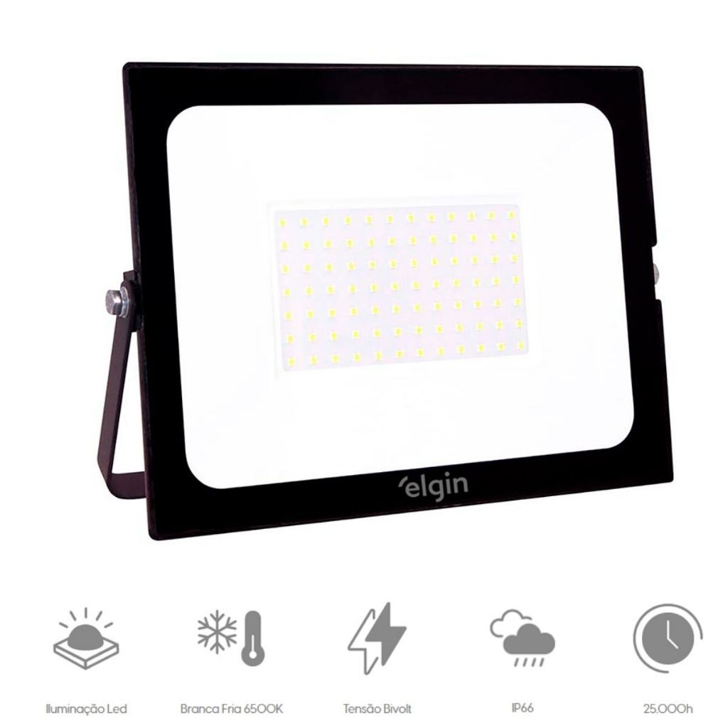 Refletor Led 100w Elgin Branco Frio 6500k Bivolt Ip66 Holofote Externo Potente Prova Dagua Alta Durabilidade Top