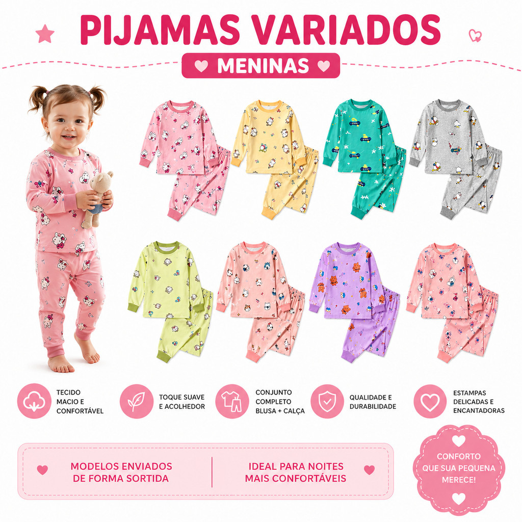 Pijama Infantil Peluciado Feminino Conjunto Manga Longa Estampado Super Quentinho