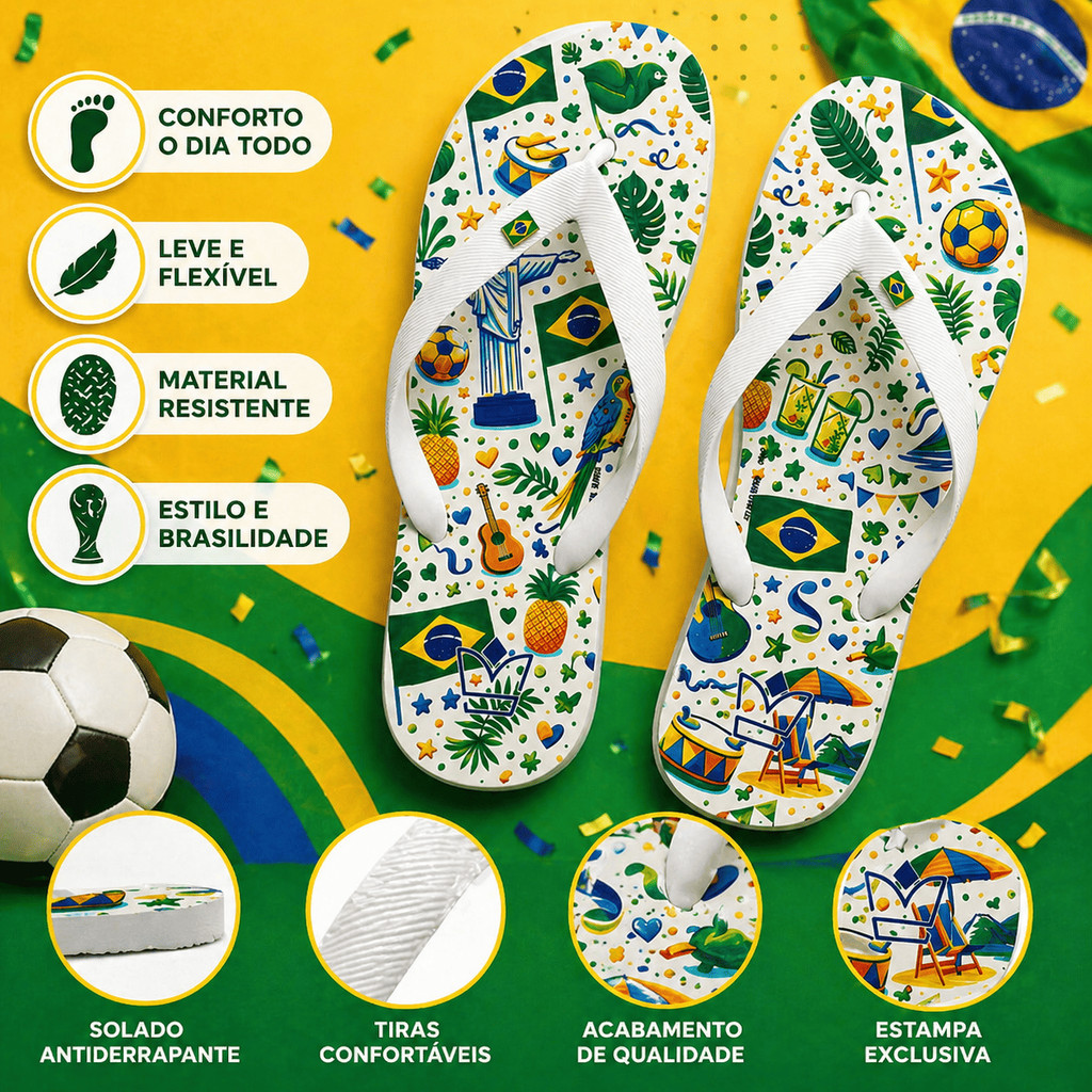 Chinelo Feminino Estampado Colorido Brasil Confortável Praia Antiderrapante