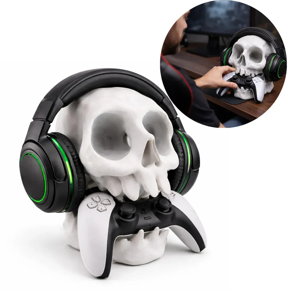 Suporte Gamer de Mesa Para Fone Headset Organizador Caveira Branco E Controle Parede Gamer Skull Resistente Headphone