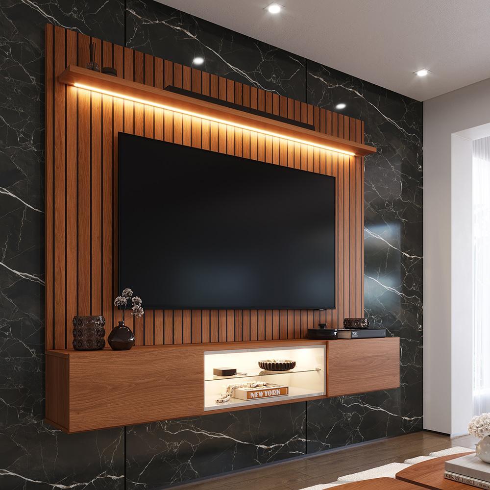Painel com Rack Milano para TV até 70” com LED, Nicho Iluminado, Prateleira de Vidro e Portas Basculantes com Pistão Gás