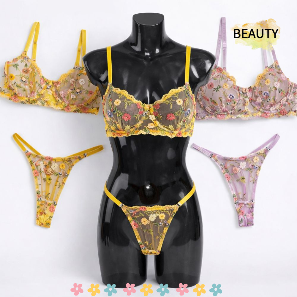 BEAUTYHOMEBR Roupa Íntima De 2 Peças , Conjunto De Lingerie Transparente E Versátil Calcinha Push-up Com Armação Floral