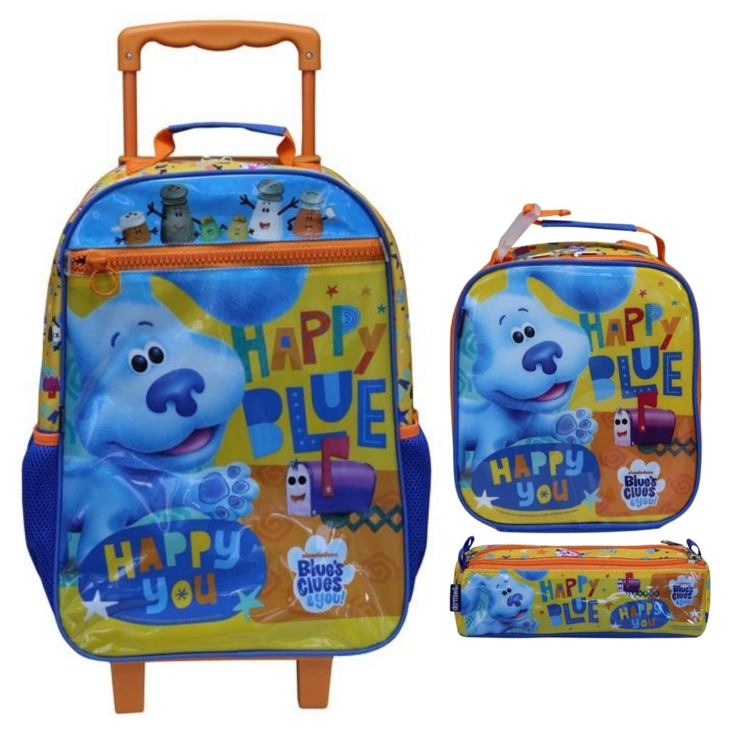 Kit Mochila de Carrinho Escolar Infantil + Lancheira + Estojo Dermiwil Happy Blue's Clues & You
