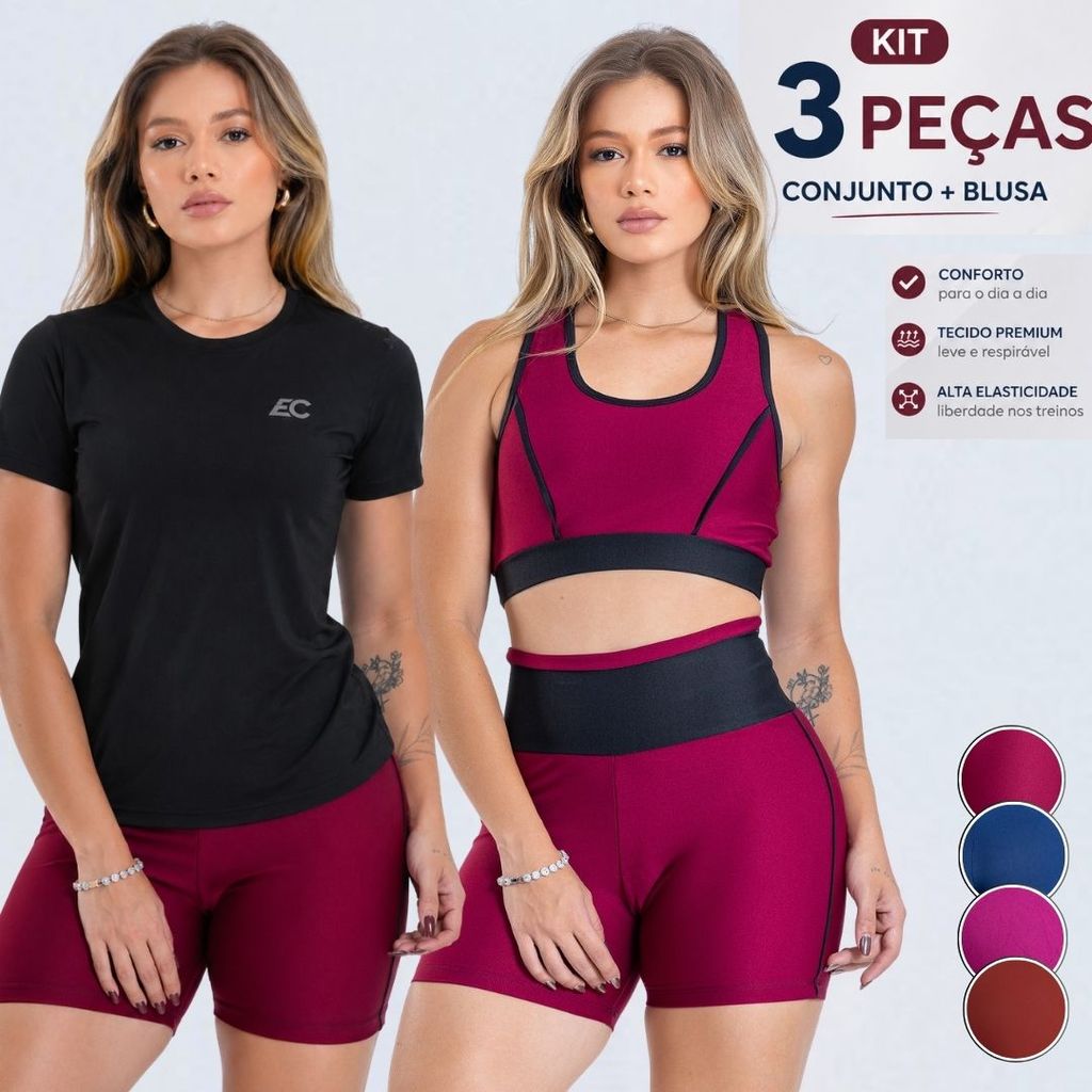 Kit 3 Peças Conjunto Fitness Feminino + Blusa Camiseta Academia Feminina Dry fit