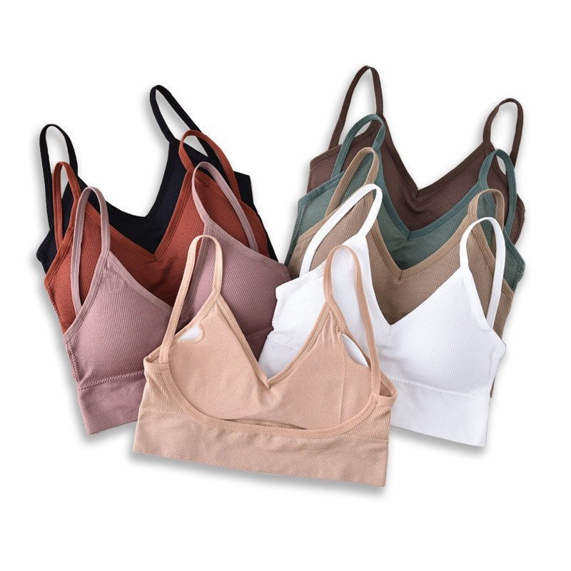 Kit 1/5 Top academia com bojo alça fina ，Sutiã esportivo sem costura costas nuas confortável，Crop Top Sem Fio U Costas