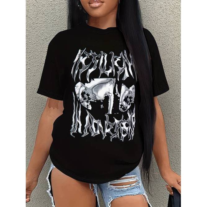 「Mina Hana」Camiseta Feminina Letter Print Estampa Casual Manga Curta Confortável Linda Estilosa Moda Feminina