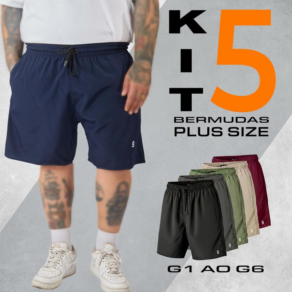 Kit 5 Bermudas Masculina Plus Size Tactel com Elastano Conforto com Elastano G1 a G6