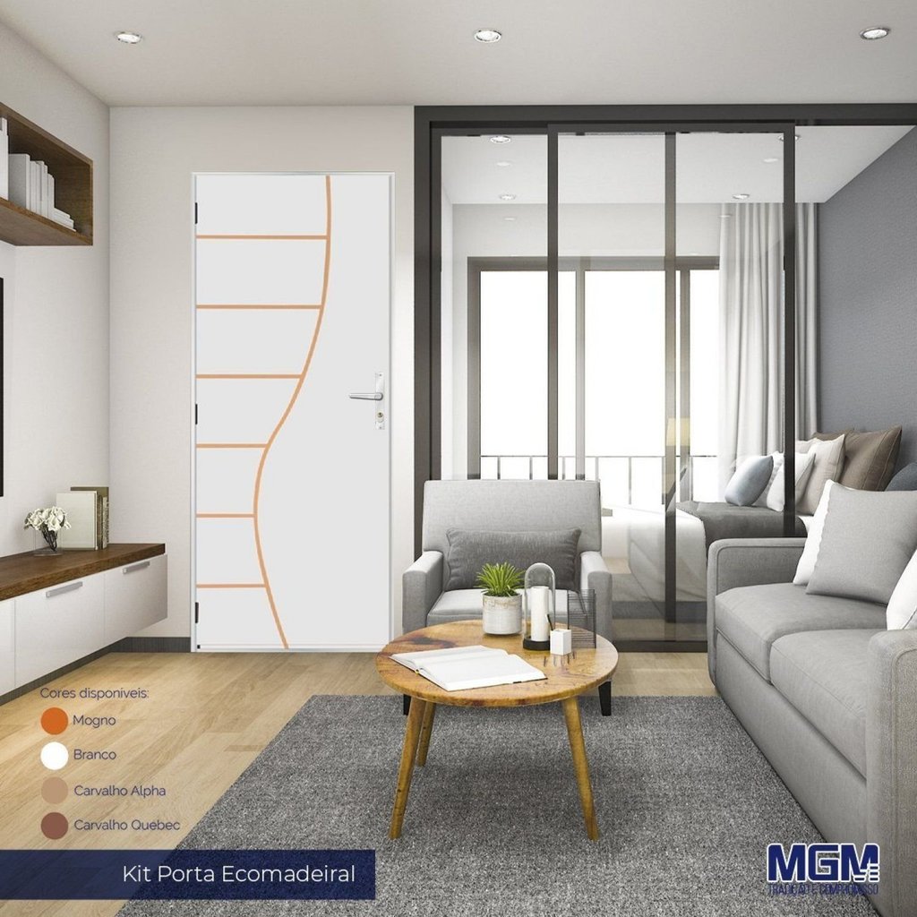 Kit Porta de Madeira Decorada 212x75cm com Batente de Alumínio 3,6cm Cantareira MGM Branco Branco
