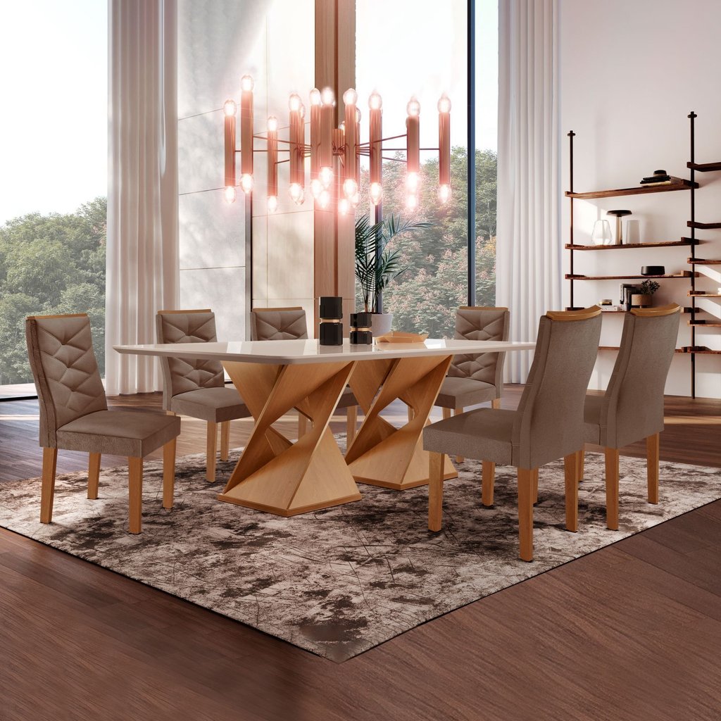 Conjunto Mesa com Vidro e 6 Cadeiras 170cmx90cm Barcelona Yescasa Cinamomo/Off White/Suede Animale