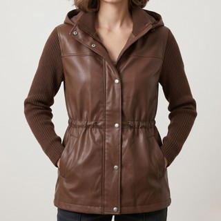 Sobretudo De Courino Impermeavél Feminina Moda Inverno Parka Combinada Manga Tricô Casaco Couro PU