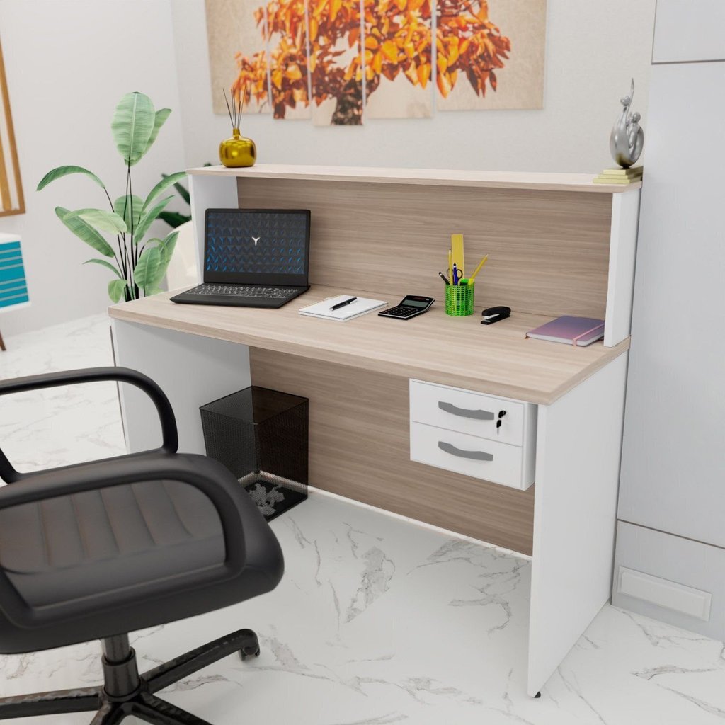 Balcão Atendimento Recepção Consultório com Gaveta 120x60cm Bege/Carvalho/Branco Carvalho/Branco