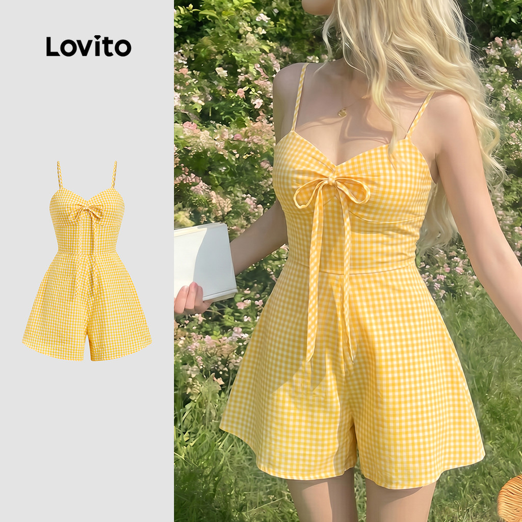 Lovito Macacão Casual com Laço e Zíper Vermelho e Branco Primavera/verão para mu