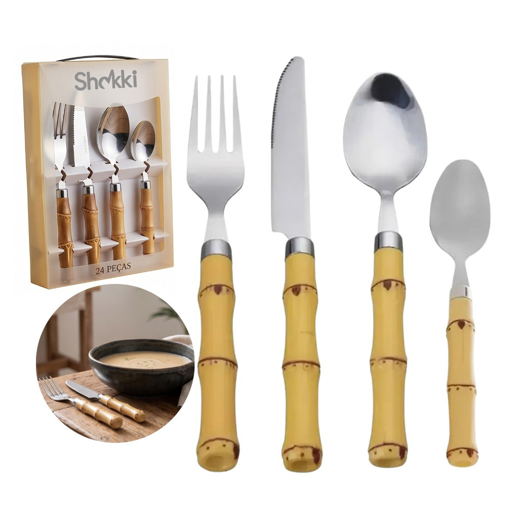 Faqueiro Jogo Talheres Bambu 24 Peças Aço Inox Garfo Faca Colher Para Mesa Cozinha Premium Shokki<