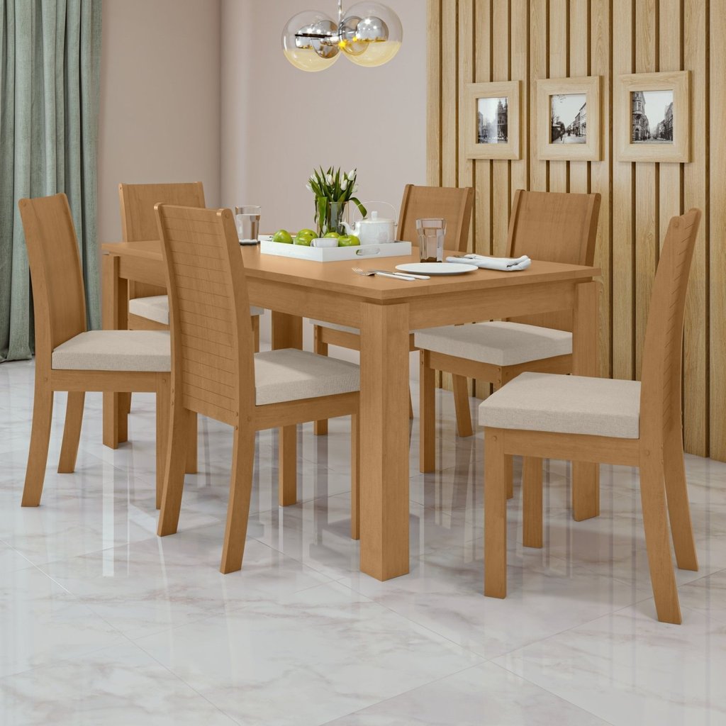 Conjunto Sala de Jantar 6 Lugares Retangular 180cm Tampo MDF Mesa e Cadeiras Athenas Amêndoa Clean/Linho Rinzai Bege