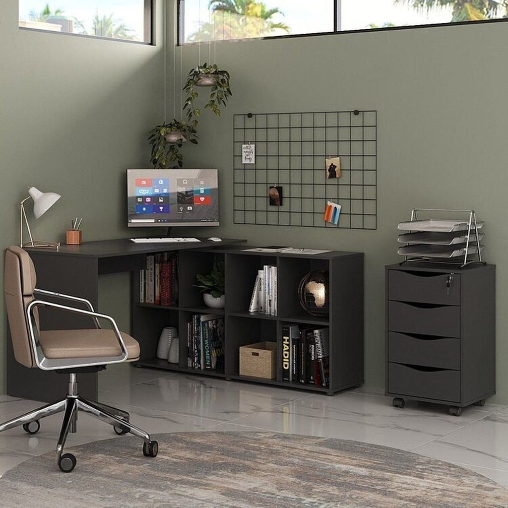 Conjunto 2 Peças com Escrivaninha em L e Gaveteiro Bit Organizador com Chave 4 Gavetas 8 Nichos 135cm Preto Preto