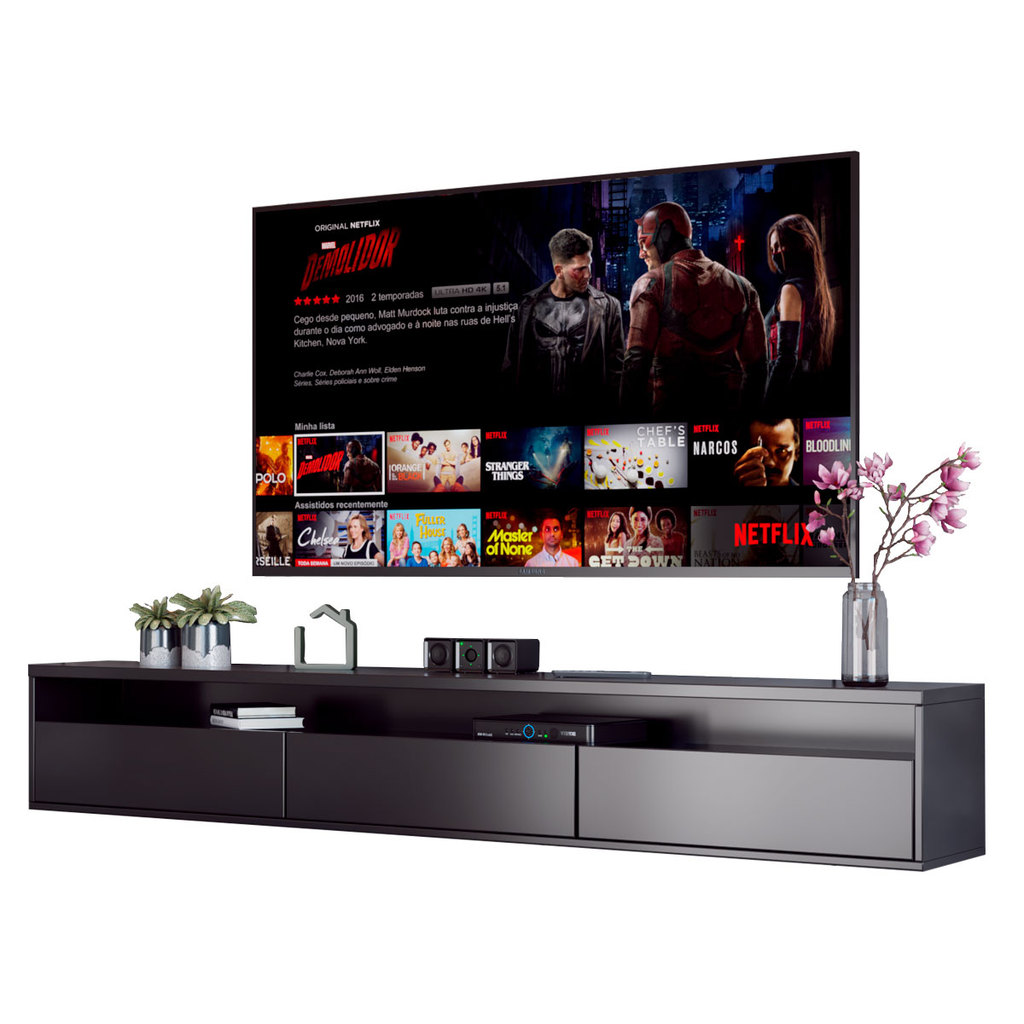 Rack Suspenso para TV Life 1.36 Preto Acetinado - MóveisAqui