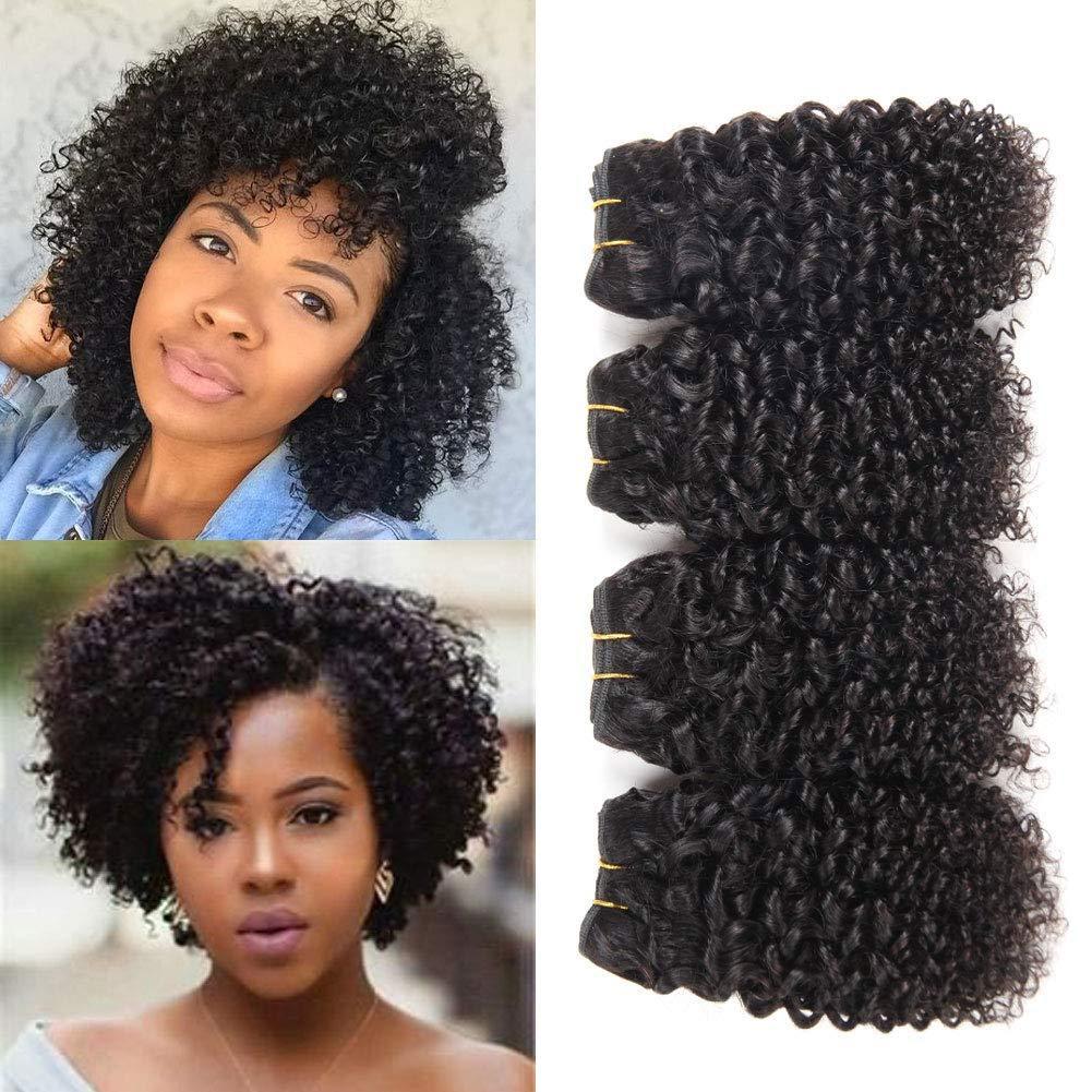 Cabelo Humano Cacheado Curto Kinky Curly, 4 Mechas de Cabelo Humano Virgem Brasileiro, Cor Preta Natural, 50g/mecha (8 P