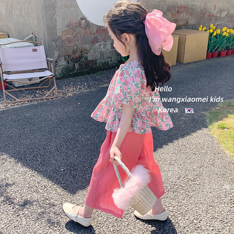 Meninas terno estilo verão moda Floral de manga curta gelo seda calças de perna larga versão coreana bebê verão moda cri