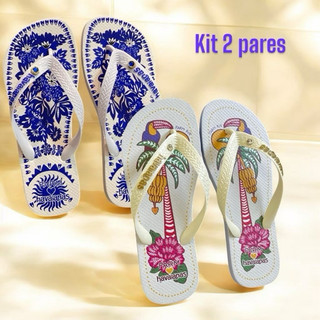 Sandália kit 1 e 2 chinelos azul  havaianas farm coqueiro arara floral com pedrinha feminino sandalia farm chinela SDY