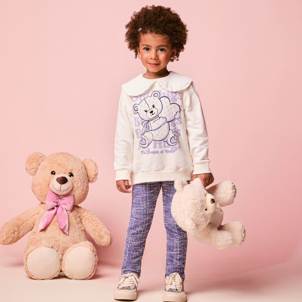 Conjunto Menina Momi Casaco em Moletom e Legging Ursinho Off/Azul