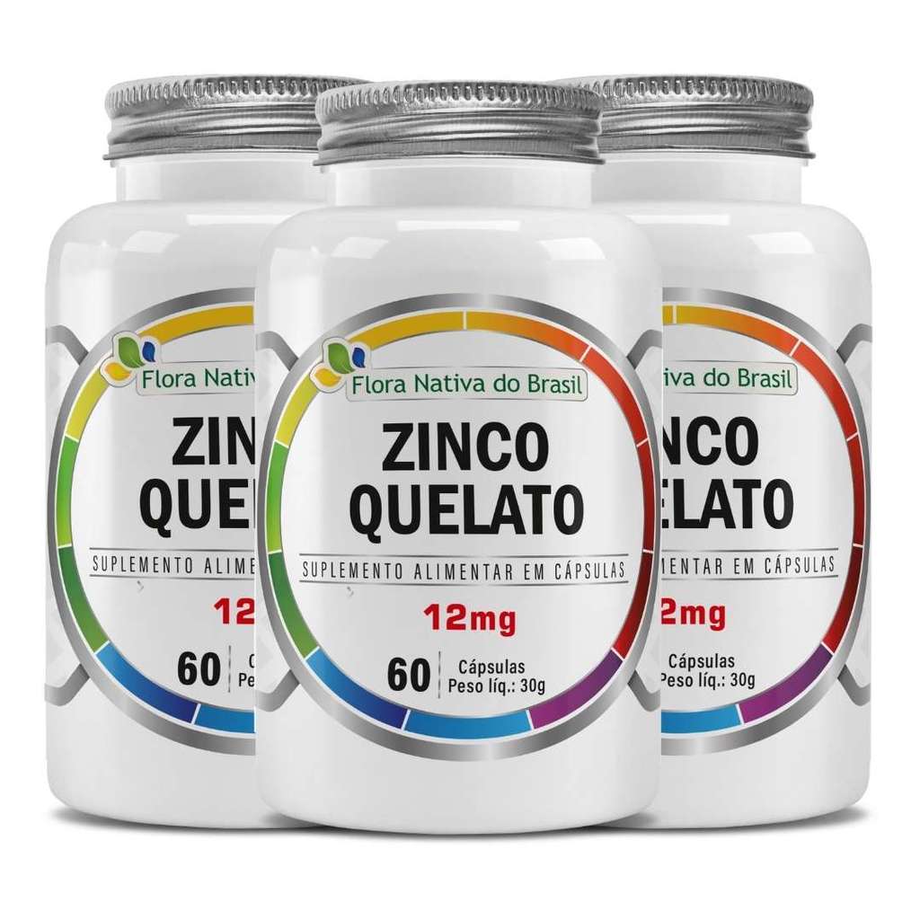 Kit 3 frascos Zinco Quelato ( Zinco 12mg/ Por Caps) 60 Cápsulas Flora Nativa