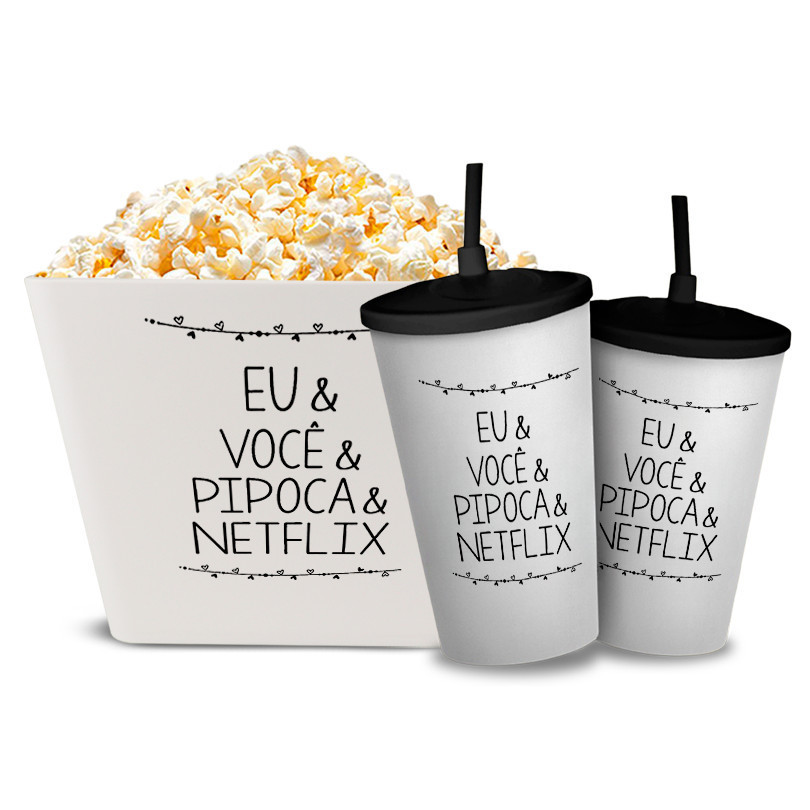 Kit Cinema Balde de Pipoca 5L + 2 Copos Com tampa Canudo Eu Você & Pipoca & Netflix