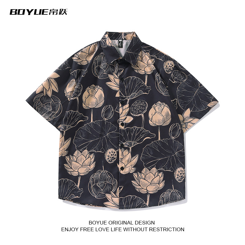 Boyue boyue estilo chinês na moda lótus impressão camisa masculina verão beira-mar praia ins na moda rufião bonito camis