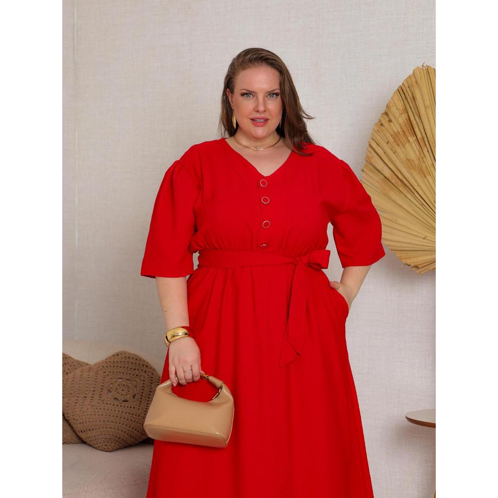 Vestido JULIETE LONGETE SENSORIALLE MARRANT LISO Casual Chique Com Faixa Na Cintura Plus Size a Tamanho G1 Do 44 ao 50 L