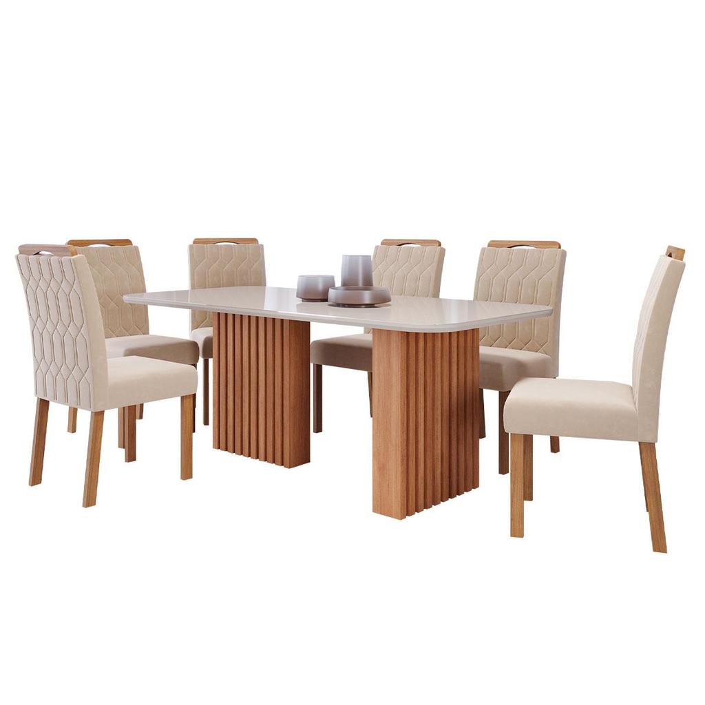 Conjunto de Mesa de Jantar Tampo de Vidro Off White Ester 1,80 e 6 Cadeiras Paola WOOD Cinamomo/Madeira/Nude