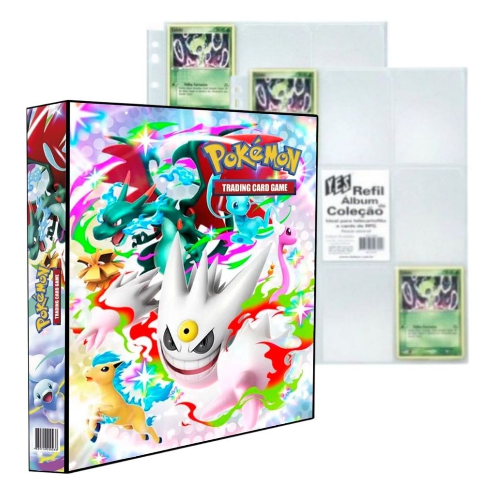Álbum Pasta Fichário Pokemon Mega Brilho com 20 Folhas Plásticas TCG Capa Dura Reforçada Coleção
