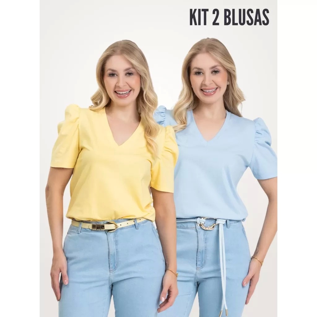 KIT 2 PEÇAS CAMISETA FEMININA DE ALGODÃO MANGA BUFANTE DECOTE V ALICE AMARELO CLARO E AZUL CLARO