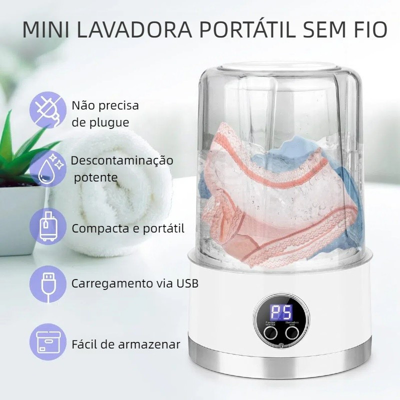 1000ML  Mini Máquina de Lavar Compacta Recarregável para Peças Íntimas Roupas Leves Meias e Bebê Portátil
