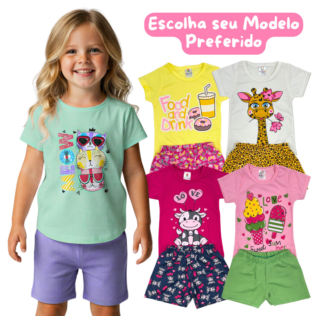 Conjunto Roupa Infantil Menina Verão Estampado Escolhido Camiseta + Shorts Avulso Leve e Estiloso