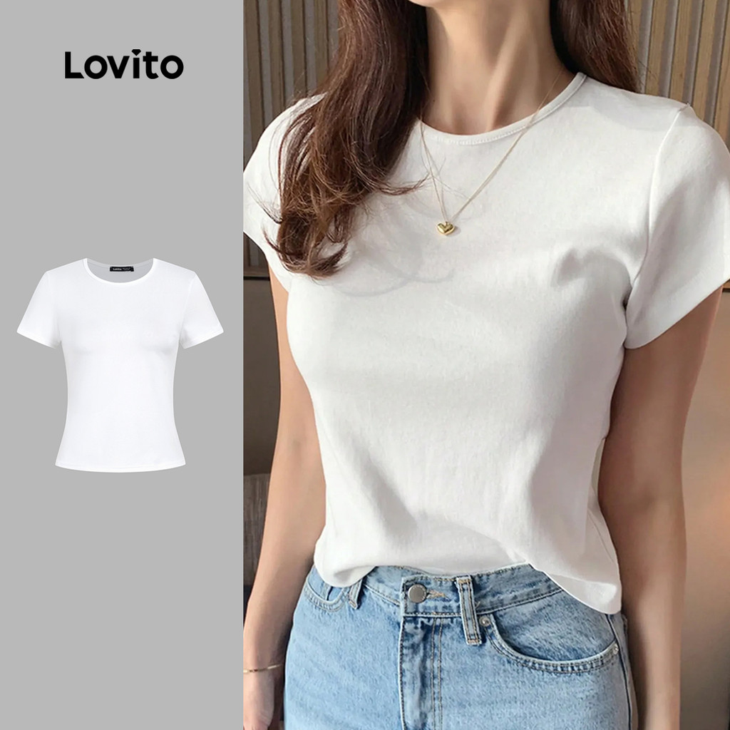 Lovito Casual Camiseta Macia e Confortável Primavera/verão Camiseta Branca para