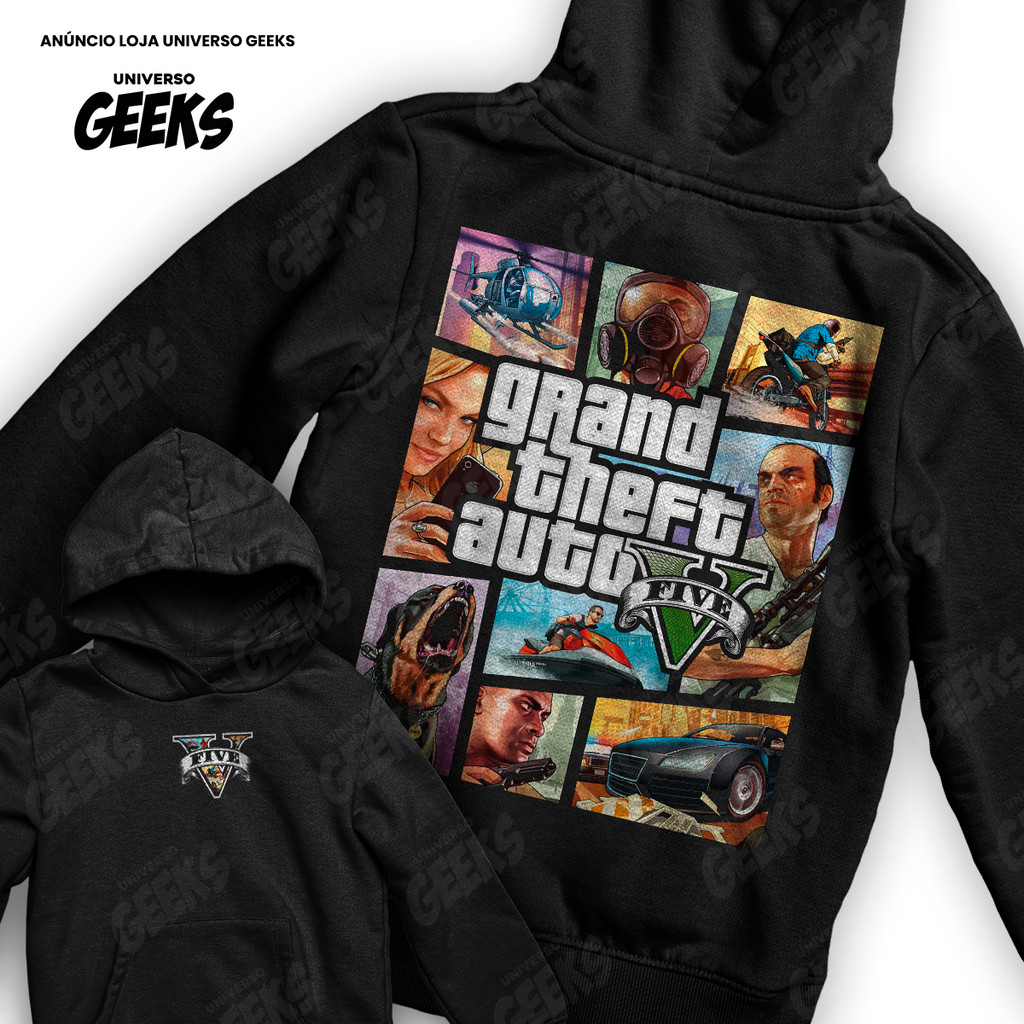 Moletom Grand Theft Auto V GTA 5 Franklin Michael Trevor Games Geek Preto Frente E Verso Blusa De Frio