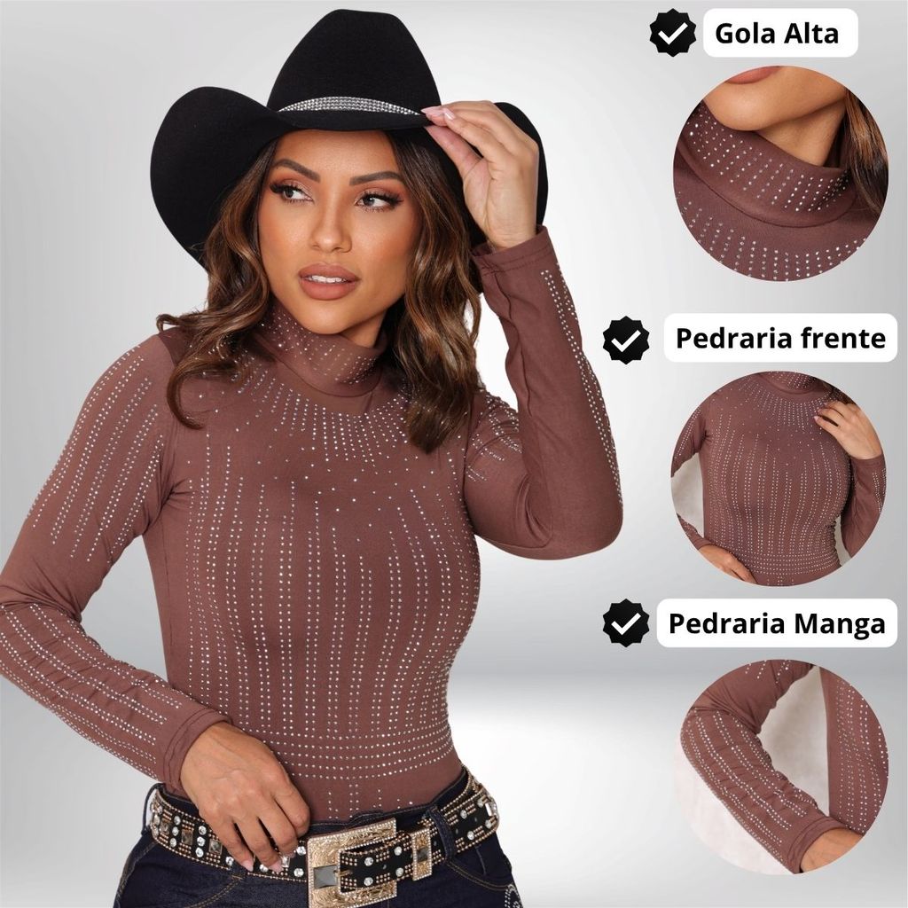Body Feminino Gola Alta Com Brilho Manga Longa Pedraria Resistente Premium