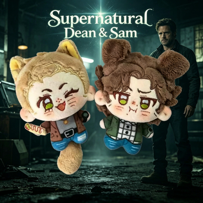 Conjunto de Bonecos de Pelúcia Supernatural Dean & Sam Winchester de 10cm, Brinquedo de Pelúcia com Orelhas de Gato/Cach