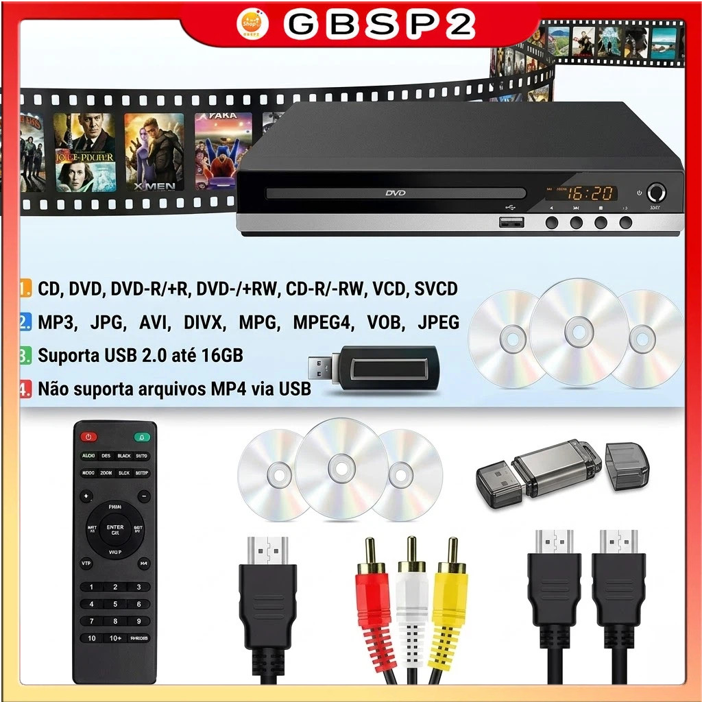 DVD Player Full HD 1080P Portátil Para TV HDMI Entrada De Microfone Karaoke All Region Free Bivolt