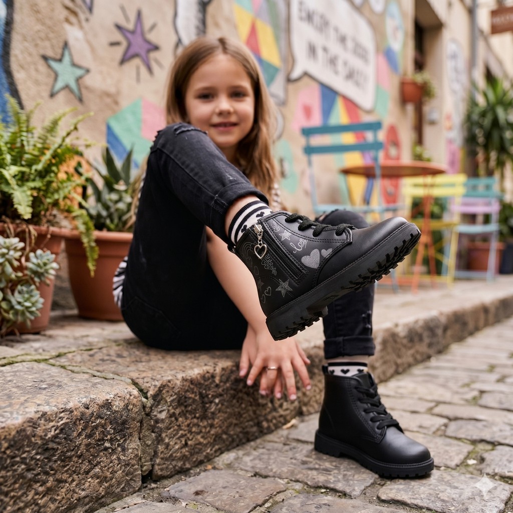 Bota Coturno Infantil Menina Molekinha Estampada Zíper Coração Preta