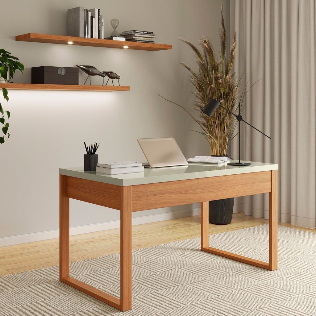 Escrivaninha Mesa Escritório 100% MDF Freijó Off White 135cm Industrial Freijó e Off White Branco Freijó/Off White