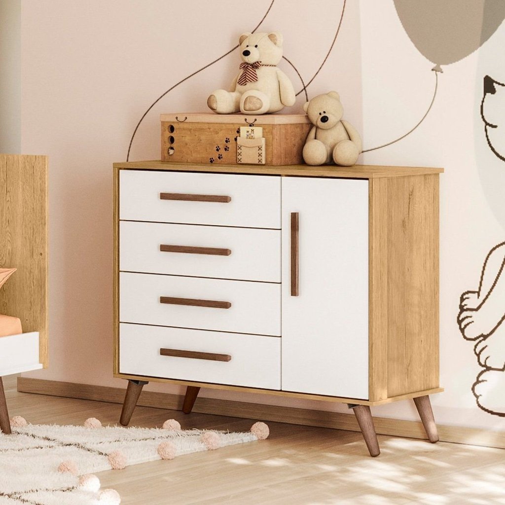 Cômoda Sapateira 1 Porta com 4 Gavetas Q Encanto Retrô Marrom/Freijo Toq/Branco Acetinado Freijó/Branco