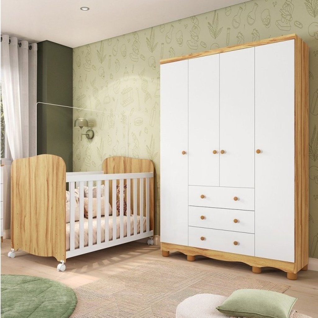 Quarto de Bebê com Berço Americano e Guarda-Roupa 4 Portas Mimo 100% MDF Espresso Móveis Branco Brilho/Amêndoa