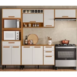 Cozinha Modulada Compacta 4 Peças 9 Portas 3 Gavetas e Nicho para 2 Fornos Nápoles Itatiaia Branco/Cinamomo/Off White