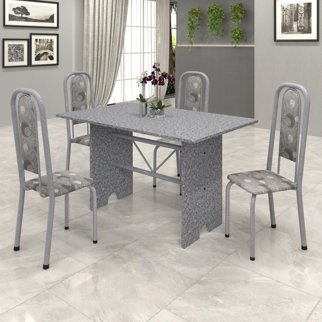 Conjunto de Mesa 120x75cm Tampo Granito com 4 Cadeiras Lavínea Cinza/Martelado Pérola/Ocre/Paraopeba Martelado