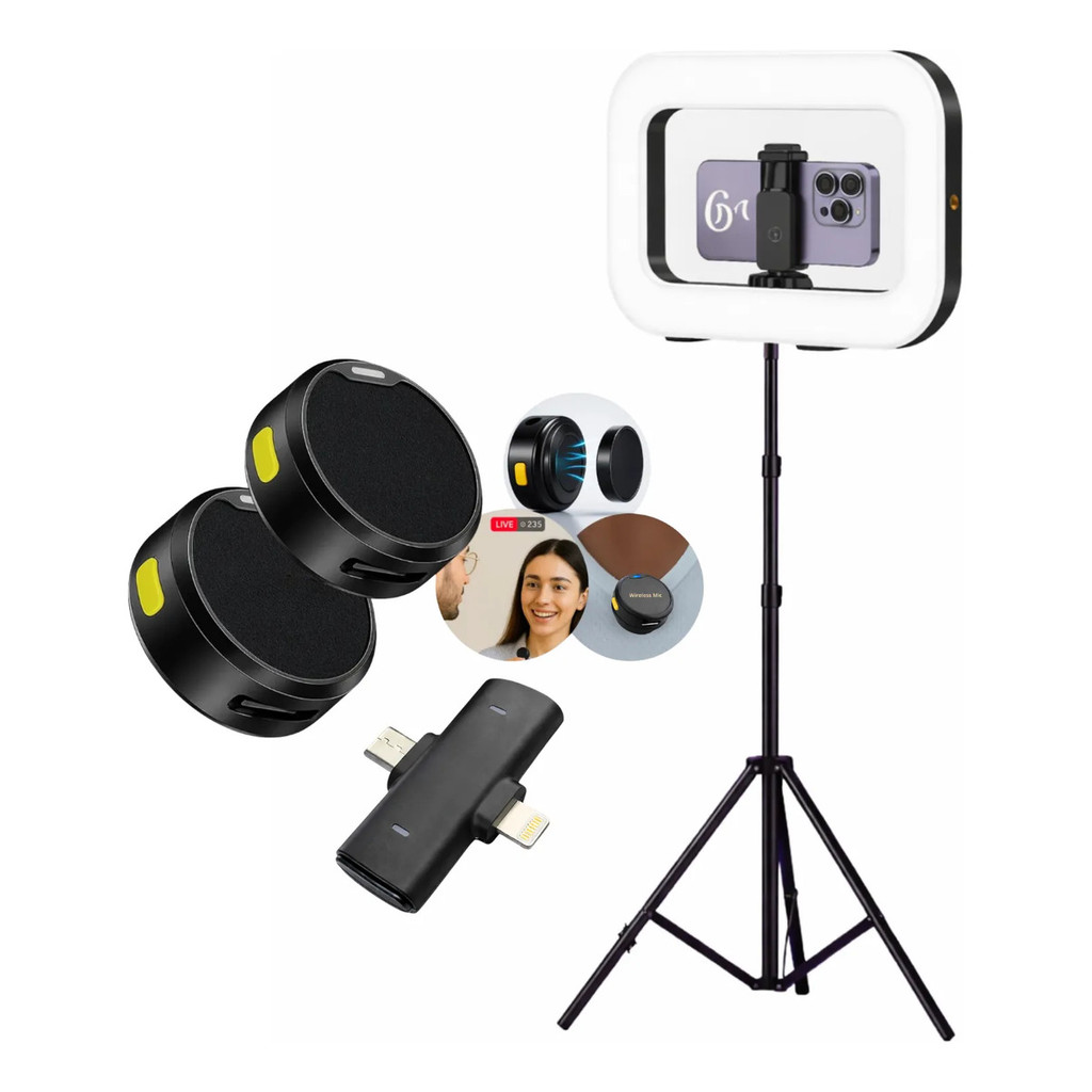 Kit Microfone Lapela Sem Fio P/celular Botão + Ringlight Led Pau de Selfie Tripé 1.80