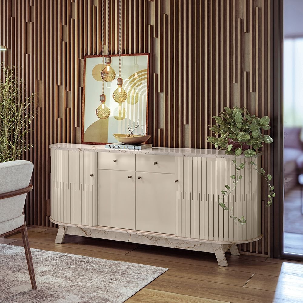 Aparador Buffet para Sala de Jantar 2 Portas Flexíveis Curvo 2 Gavetas Monaco Branco/Calacata/Off White