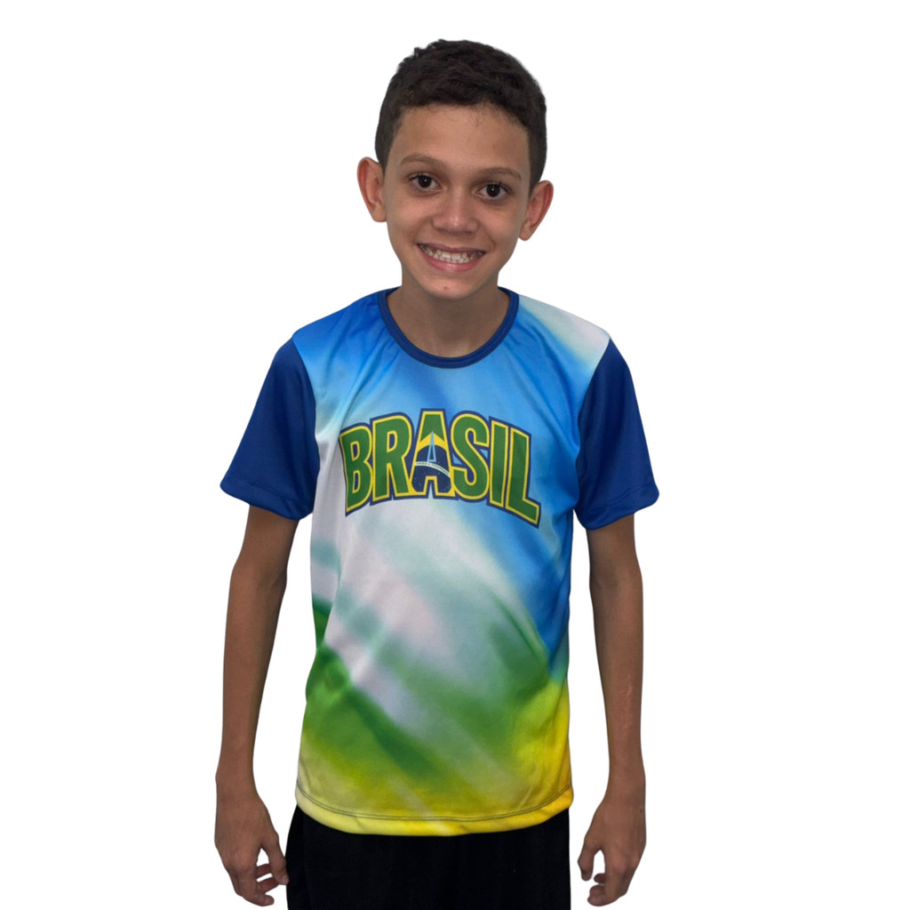 Camisa  Masculina Brasil DryFit  Abstrata Infantil Camiseta Meninos Futebol Esporte Copa do Mundo