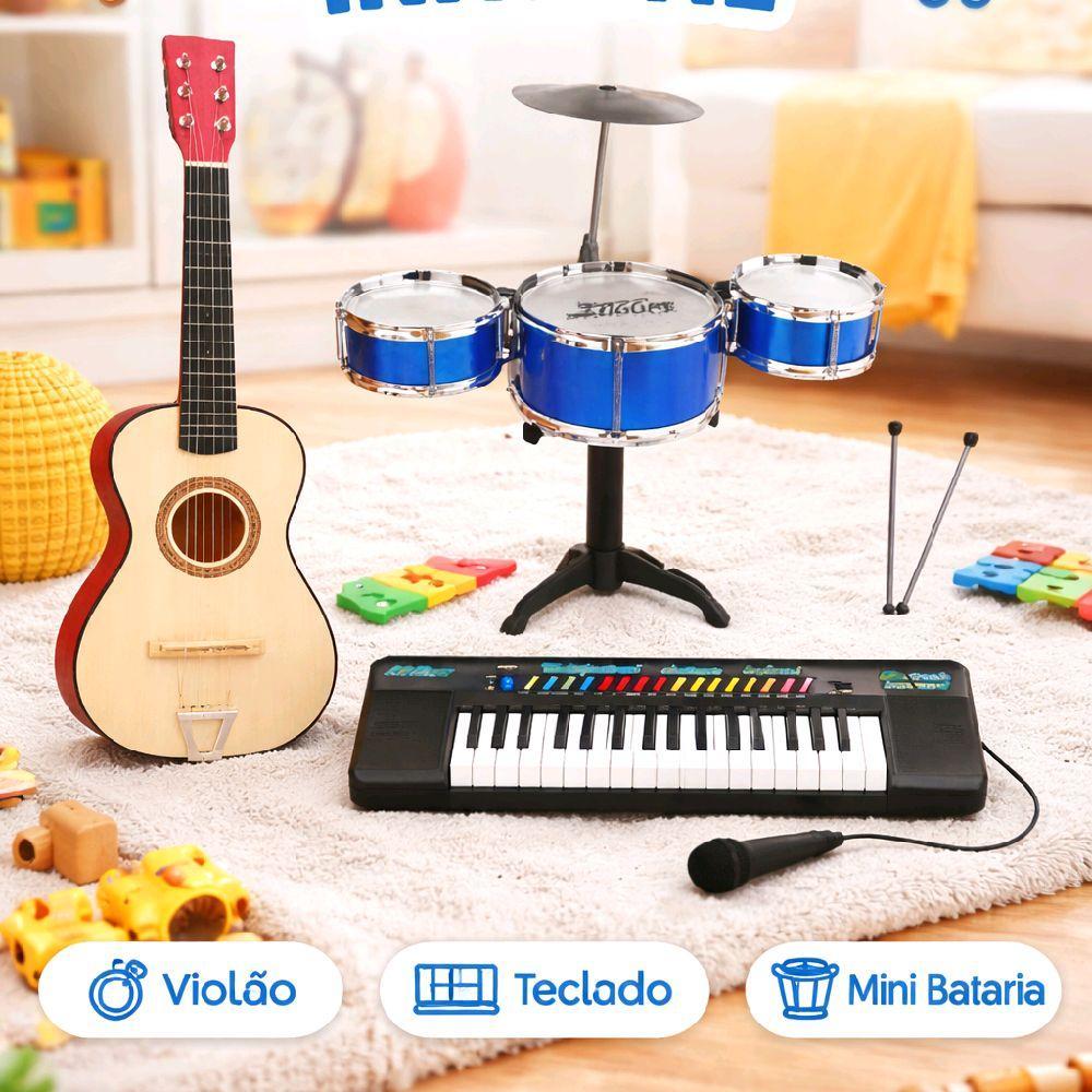Kit Musical Violão +teclado +bateria Infantil 3 Tambores